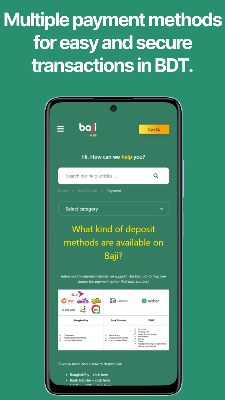 Baji provides a variety of payment methods.