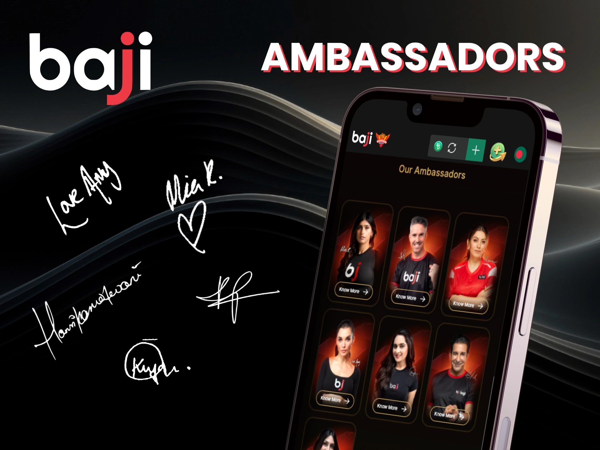Meet Baji ambassadors and connect with top stars representing the brand across cricket and entertainment.
