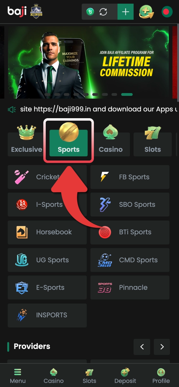 Navigate on Baji and choose between sports betting or casino games to start your experience.