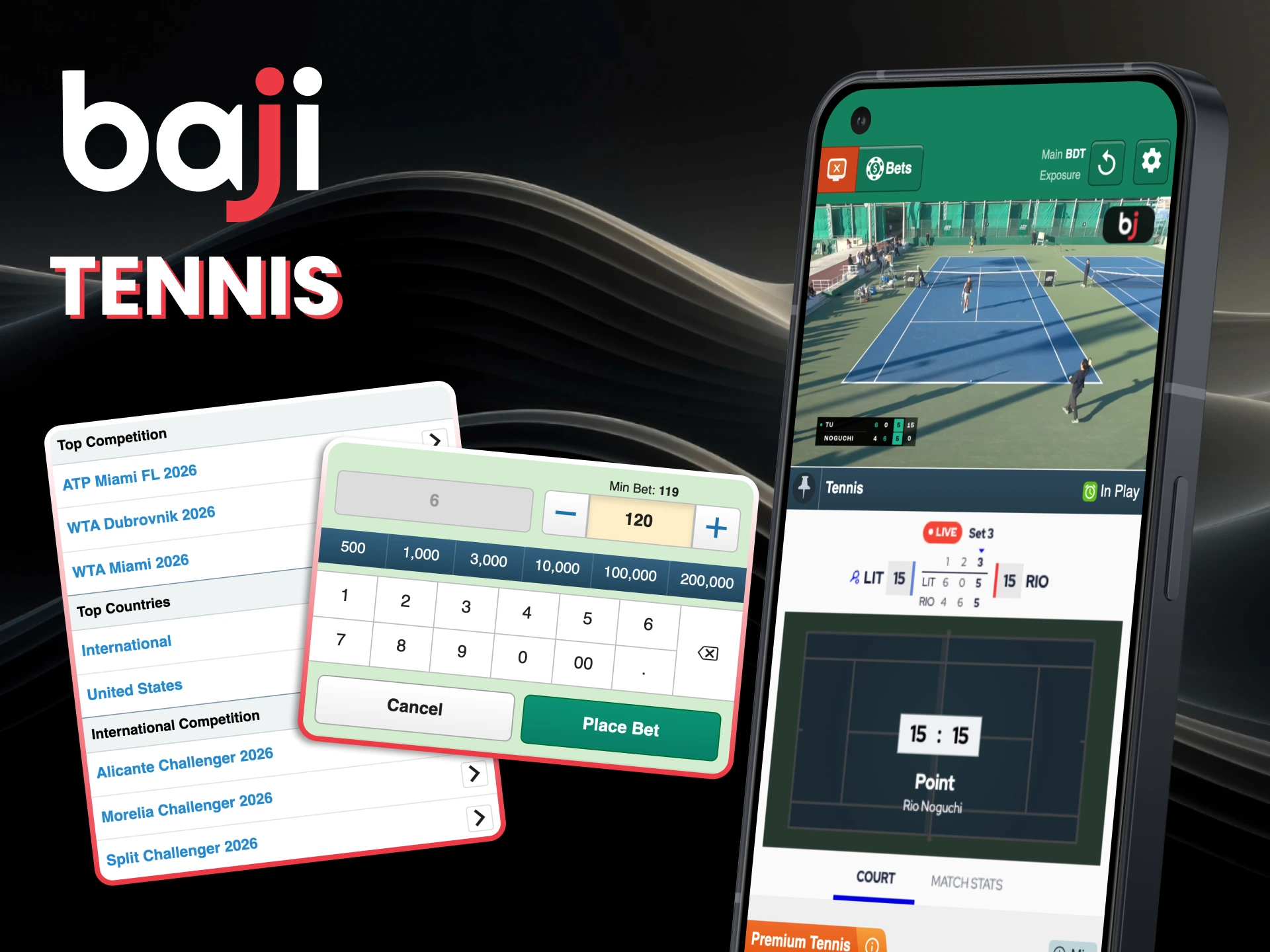 Get into tennis with Baji today and experience fast paced betting with constant live opportunities.